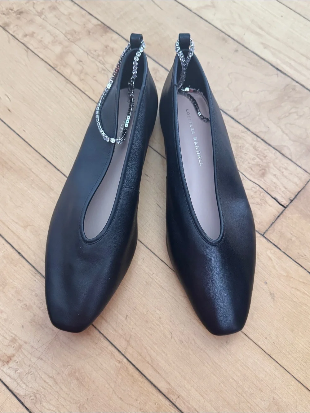 Loeffler Randall black leather ballet flats with crystal chain size 7